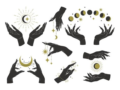 Vector magic witch hands set mystical fe... | Premium Vector #Freepik #vector #alchemy #occult #witchcraft #esoteric Mage Hand Art, Witch Hand Tattoo Designs, Witch Hands Drawing, Nail Branding, Feminine Hands, Drawn Hands, Holding Moon, Witchy Hands, Witchy Tattoos