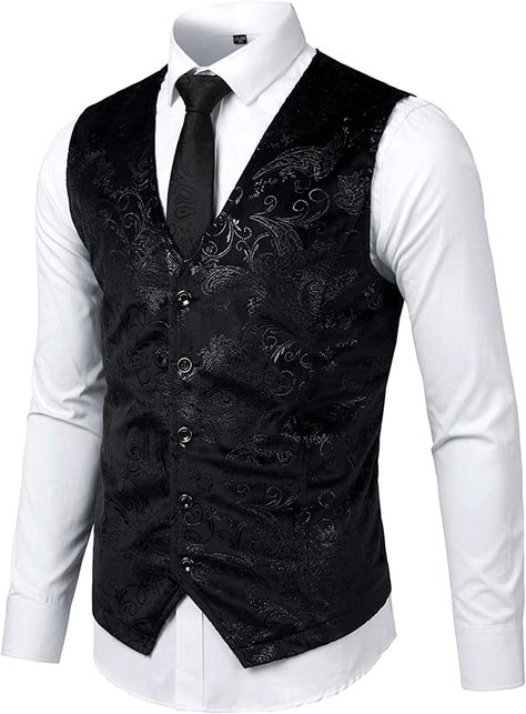 Elegant Luxury Paisley Printed£ºShiny Metallic Gold,Silver,Royal Blue,Red,Black Print/Mens unique floral printing suit vest featuring symmetrical irregular hem,adjustable back strap and 5-buttons down front. New slim fit style, make you to be well-dressed and look good. Vest Tuxedo, Mens Vest Casual, Steampunk Vest, Business Vest, Wedding Vest, Men Waistcoat, Wedding Waistcoats, Men Vest, Tuxedo Vest