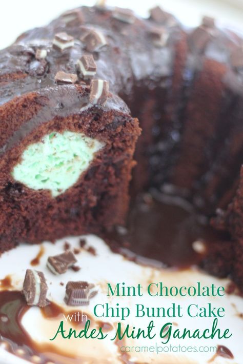 Mint Ganache, Chocolate Chip Bundt, Chocolate Chip Bundt Cake, Mint Desserts, Mint Cake, Andes Mint, Chocolate Bundt, Mini Bundt Cakes, Chocolate Bundt Cake