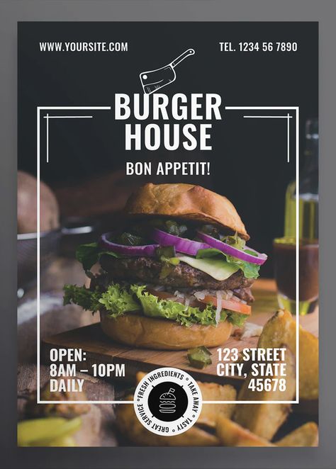 Restaurant Poster Design PSD, Vector EPS - 2 size: Poster (420×594 mm) and Poster US (18×24 in) Hamburger Poster Design, Restaurant Poster Design, Fast Food Poster, Hamburger Menu, Menue Design, Banner Design Layout, Restaurant Poster, Poster Design Layout, Poster Template Design