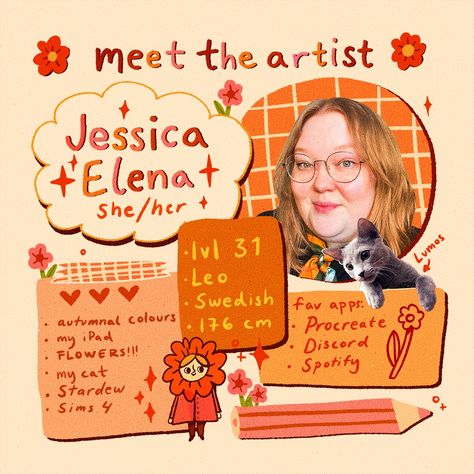 So, a little bit about me!! Since there has been so many new people here over the past few months, a little introduction is well needed. Hence I made my first ever Meet The Artist! (Been inspired to do one since I saw @caitlin.in.colour s cute one!!) So hi! I'm Jessica Elena, the person behind this account! Swipe for some pics from my life! (Mostly desk and cat pics ngl.) I'm very passionate about art mostly, drawing in particular, and almost struggled to think of anything OTHER about me ... Art Post Instagram, Cute Introduction Ideas, Journal About Friends, Artist Personal Branding, Illustrator Portfolio Design, About Me Graphic Design, Creative Introduction Of Yourself, Introduction Design Ideas, About Me Illustration