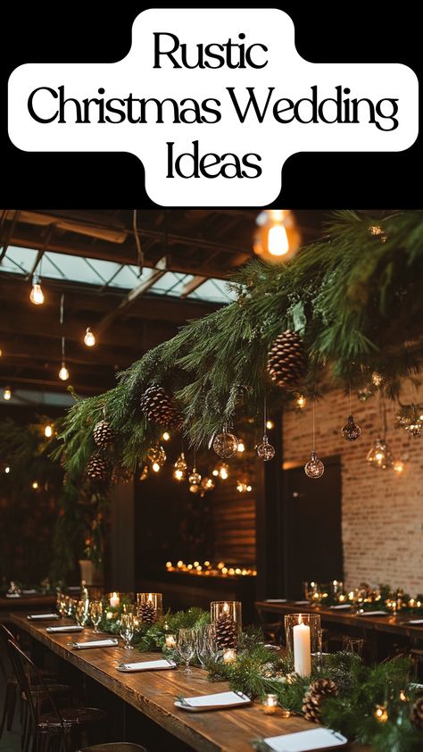 Rustic Christmas wedding decor with natural elements like pine cones, greenery, and candlelit tables. Pine Branch Wedding Decor, Wedding Decor Winter Theme, Fir Wedding Decorations, Winter Rustic Wedding Decor, Rustic Winter Wedding Table Decor, Winter Weddings Outside, Christmas Vow Renewal Ideas, Christmas Wedding Backdrop Ideas, Wedding Winter Decorations