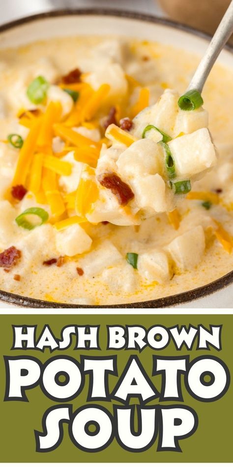 Hash Brown Potato Soup is a quick & easy potato soup with frozen hash browns! No peeling or chopping needed. This easy potato soup cooks in one pot on the stove top and is best served with shredded cheese and bacon bits. Hashbrown Baked Potato Soup, Potato Soup With Cheddar Cheese Soup, Cheesy Hashbrown Potato Soup, Cheesy Potato Soup Stove Top, Frozen Diced Potato Soup, Easy Stovetop Potato Soup, Loaded Potato Soup With Hashbrowns, Easy Potato Soup Recipes Simple, Easy Potato Soup With Hashbrowns