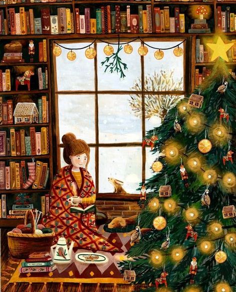 Beautiful Christmas Illustrations, Christmas And Books Aesthetic, Cozy Christmas Illustration Art, Cosy Christmas Illustration, Christmas Book Illustration, Christmas Card Print, Christmas Aesthetic Cards, Christmas Aesthetic Illustration, Cozy Christmas Illustration