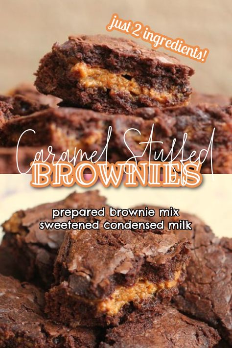 CARAMEL STUFFED BROWNIES Caramel Stuffed Brownies, Caramel Brownie Bites, Salted Caramel Brownies From Box Recipe, Caramel Filled Brownies, Carmel Recipe, Boxed Brownie Recipes, Cookie Squares, Brownies Caramel, Stuffed Brownies