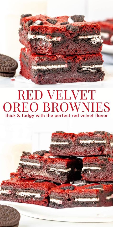 Thick and fudgy - these Oreo stuffed red velvet brownies have the perfect red velvet flavor with tons of cookies #redvelvet #oreoredvelvet #oreobrownies from Just So Tasty https://www.justsotasty.com/oreo-stuffed-red-velvet-brownies/ Sluttier Brownies Red Velvet, Juneteenth Desserts, Red Brownies, Red Velvet Dessert Recipes, Red Velvet Oreo Brownies, Classic Brownies Recipe, Beef Dinner Recipes, Velvet Brownies, Red Velvet Flavor