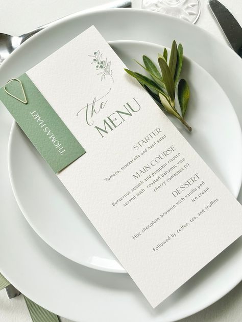 Wedding Dinner Menu Cards, Wedding Menu Cards Place Settings, Menu With Name, Menu Place Setting, Olive Green Wedding, Personalized Wedding Menu, Wedding Menus Design, Wedding Food Menu, Wedding Table Menus