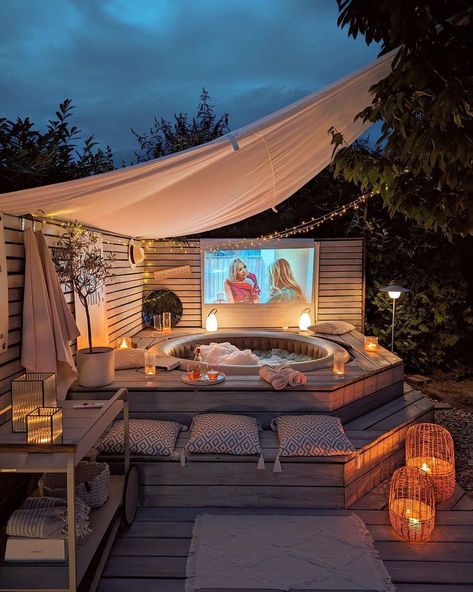 37 Cheap Backyard Makeover Ideas to Do in a Weekend Fenced In Hot Tub Area, Cheap Pool Decorating Ideas, Backyard Daybed Ideas, Outdoor Blow Up Hot Tub Ideas, Blowup Hot Tub Ideas Backyards, Inflatable Jacuzzi Outdoor Ideas, Teen Backyard Hangout, Airbnb Outdoor Spaces, Outdoor Hot Tub Area Patio Design