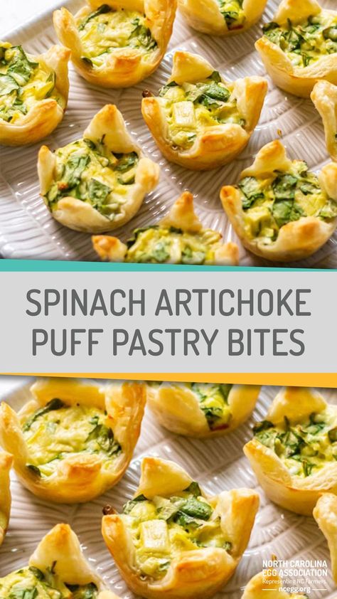 Spinach Artichoke Puff Pastry, Artichoke Puff Pastry, December Recipes, Puff Pastry Recipes Appetizers, Puff Pastry Bites, Pastry Cups, Spinach Puff Pastry, Pastry Bites, Spinach And Bacon