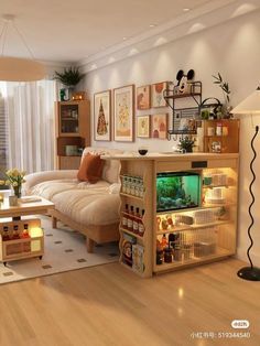 Korean Aesthetic Living Room, Studio Apartment Ideas Korea, Office Space In Living Room Apartment, Small Living Room Ideas Storage, Studio Apartment Student, Japandi Built In, Tiny Rooms Ideas, Kotatsu Room, Asian Home Aesthetic