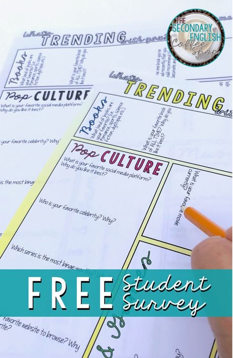 If you are wondering what to do on the first day of school, this blog post will help you plan some great back to school activities! In addition to several ideas on how you can incorporate the latest teen trends into your lesson plans, we are sharing a FREE printable to help you get started. These fun ideas are perfect for middle and high school English Language Arts classes and they are fun, too! [ELA, English, 9th grade, 10th grade, 11th grade, 12th grade, Grade 9, Grade 10, Grade 11, Grade 12] Do Now Activities High School, About Me High School, First Day Ideas For Teachers, First Week Of School High School, High School Back To School, High School Getting To Know You Activity, High School First Week Activities, 6th Grade First Day Of School Activities, All About Me Middle School Free