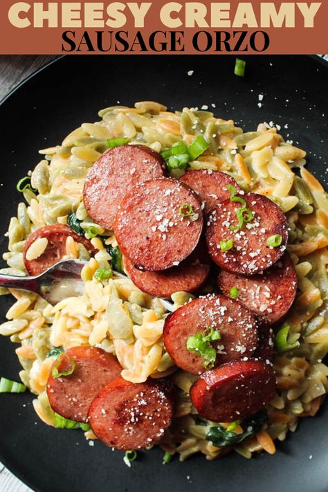 Smoked Sausage And Orzo, Sausage And Orzo Recipe, Orzo Sausage Recipes, Orzo Sausage, Orzo With Sausage, Spinach Creamed, Sausage And Orzo, Chicken Orzo Pasta, Sausage Orzo