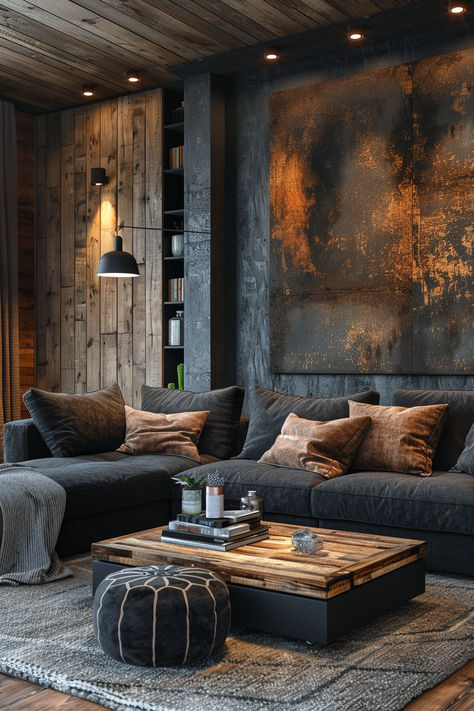 black and brown living room, dark living room, modern living room,living room decor, living room inspiration Charcoal And Wood Living Room, Industrial Black Living Room, Wood Inspired Living Room, Bronze House Decor, Living Room Designs L Couch, Home Interior Design Black And Wood, Dark Wood And Metal Decor, Spare Living Room Idea, Black Rustic House Interior Design