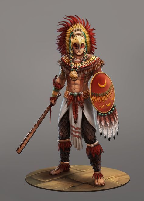 ArtStation - Aztec, Wyn Lacabra; shirtless; indigenous fantasy; D&Digenous; man; male; D&D; pathfinder; dnd; fighter; warrior; Aztec Character Art, Aztec King, Aztec Headdress, Aztec Artwork, Ancient Aztecs, Armband Tattoos, Roman Warriors, Aztec Culture, Mayan Art