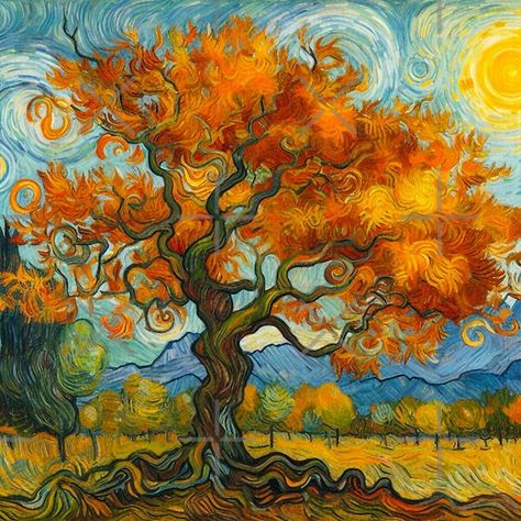 Van Gogh Style Tree in Autumn - Fall Tree with Mountain View by Star-Fragment | Redbubble Famous Tree Paintings, Acrylic Painting Van Gogh Style, Fall Impressionist Painting, Van Gogh Painting Ideas, Autumn Abstract Painting, Fall Trees Drawing, Van Gogh Inspired Paintings, Van Gogh Autumn, Tree Impressionism