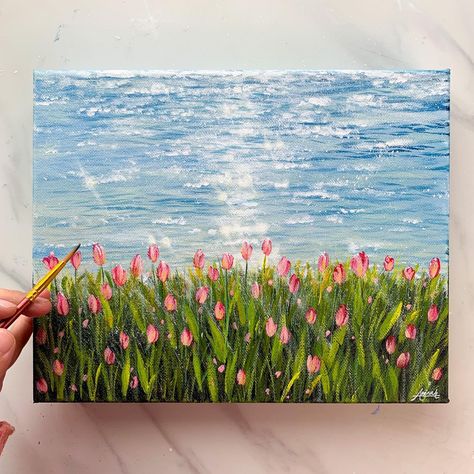 Trendy Canvas Art Inspirations Artistic Canvas Painting Ideas Tulip Art Painting, Aesthetic Nature Painting, Tulip Acrylic Painting, Spring Acrylic Paintings, Bright Art Painting, Nature Paintings Acrylic, Sky Art Painting, Oil Painting Nature, Painting Summer