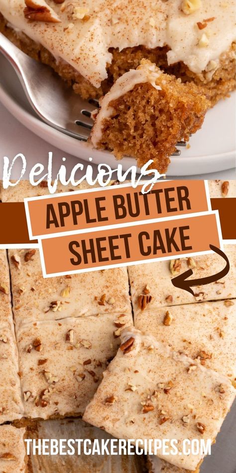 Apple Butter Gooey Cake, Applesauce Sheet Cake, Fall Harvest Desserts, Apple Butter Sheet Cake, Brown Butter Sheet Cake, Fall Sheet Cake Recipes, Cold Fall Desserts, Apple Butter Desserts Easy Recipes, Apple Cider Sheet Cake