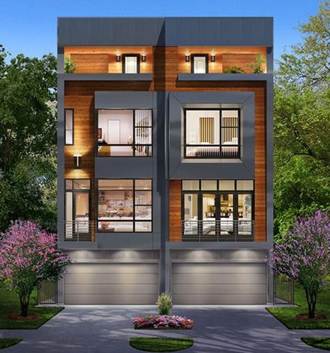 Duplex Townhouse, Small Apartment Building, Narrow House Designs, Townhouse Exterior, Narrow House Plans, Narrow Lot House, Duplex Plans, Modern Townhouse, Duplex Design