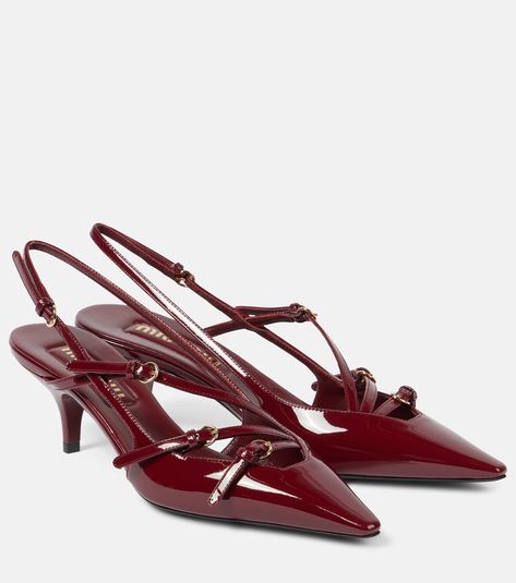 55 patent leather slingback pumps in burgundy - Miu Miu | Mytheresa Void State, Miumiu Shoes, Miu Miu Pumps, Gothic Academia, Miu Miu Heels, Cotton Pencil Skirt, Burgundy Heels, Shoes Heels Classy, Leather Boots Heels