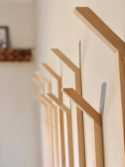 Wooden Wall Slat Hooks  Wall hangers keep your home organized. Wood is great to touch. Product dimensions can be made in any size. - Size Long Heigh :45.66''-116cm Width :0.78'' -2cm Depth :1.57''-4cm - Size Short Heigh :9.84''-25cm Width :0.78'' -2cm Depth :1.57''-4cm In the photo, the distance of the short lath and the long lath on the wall is 5.90''15cm Coat Rack Diy, Diy Wooden Wall, Modern Wall Hooks, Diy Hooks, Wood Hooks, Entryway Coat Rack, Wooden Coat Hangers, Wooden Wall Hooks, Modern Coat Rack