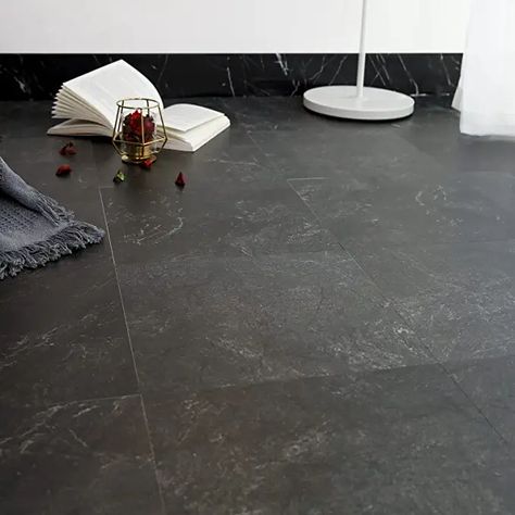 Vinyl Flooring Living Room, Floor Tile Black, Peel And Stick Flooring, Marble Vinyl Flooring, Black Bathroom Floor, Self Adhesive Floor Tiles, Peel And Stick Floor Tile, Vinyl Floor Covering, Black Floor Tiles