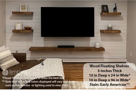 Mounted Tv With Floating Shelves, Floating Shelves Living Room Mounted Tv, Mounted Tv Living Room, Floating Shelves Around Tv, Under Tv Decor, Media Wall Ideas, Mounted Tv Ideas Living Rooms, Shelf Under Tv, Floating Shelf Under Tv