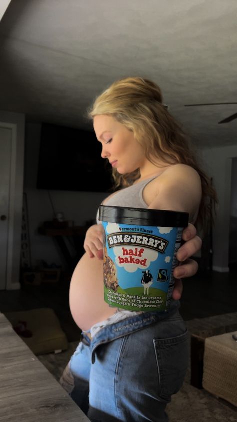 half baked maternity picture idea for 20 weeks Half Baked Picture, Half Baked 20 Weeks Pregnant, 20 Weeks Maternity Pictures, 20 Weeks Half Baked Photo, Half Baked Ice Cream Maternity Photo, Half Way Maternity Photos, Half Baked Photo Ideas, Half Baked Pregnancy Photo Diy, Half Backed Pregnancy Photo