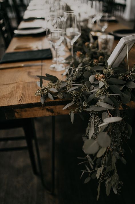 Moody & Modern Dinner Party Wedding // Richmond, VA // McKenna + John | samanthamcfarlen.com Moody July Wedding, Grunge Wedding Reception, Simple Moody Tablescape, Moody Rehearsal Dinner Decor, Moody Greenhouse Wedding, Moody Wedding Decor Table Settings, Black Green And Wood Wedding, Dark Moody Boho Wedding, Dark Rustic Wedding Theme