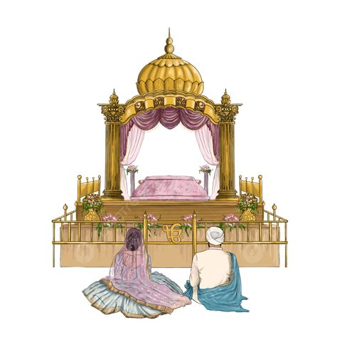 Punjabi Couple Illustration Art, Punjabi Wedding Couple Illustration, Punjabi Couple Art, Gurudwara Illustration, Punjabi Wedding Illustration, Gurudwara Drawing, Anand Karaj Illustration, Sikh Couple Illustration, Punjabi Illustration