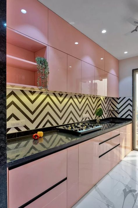 This Distinctive Apartment Design Pulls Off A Striking Balance That Matches The Client’s Taste And Budget | RN Deesign - The Architects Diary Kitchen Interior Pink, Best Kitchen Designs Modern, Kitchen Interior Modern, Kitchen Wardrobe Design, درج السلم, Kitchen Concept, Trendy Kitchen Colors, Kitchen Sink Design, Kitchen Design Color