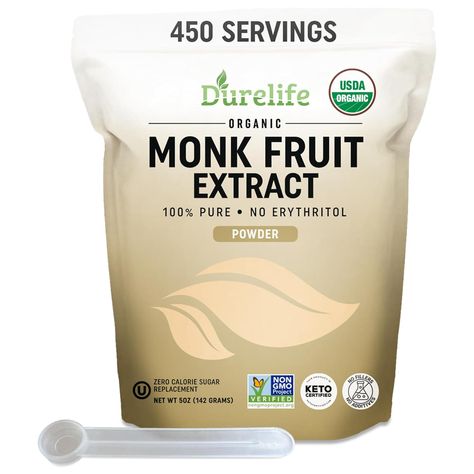 Durelife Organic 100% Pure Monk Fruit sweetener, No Erythritol, Monkfruit Extract Powder, USDA organic NON-GMO Project Verified, Keto Certified, OU kosher. Monk Fruit Sweetener, Calorie Control, Monk Fruit, Sugar Substitute, Zero Calories, Carb Diet, Amazon Shopping, Sweet Taste, Usda Organic