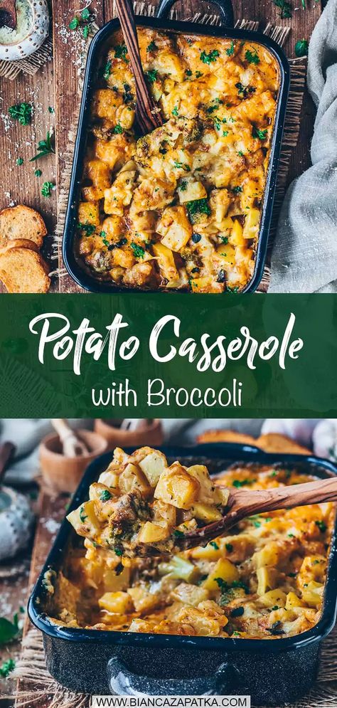 This Vegan Potato Broccoli Casserole recipe is super creamy, perfectly saucy, and simply delicious! You'll only need a few plant-based ingredients to make this easy cheesy veggie potato bake! #potatoes #easyrecipes #casserole #veganrecipes #vegetarian #recipes #food #vegan #broccoli #gratin | biancazapatka.com Vegan Veggie Bake Recipes, Veggie Potato Bake, Vegan Dinner With Broccoli, Potato Meals Healthy, Diet Dinner Recipes Vegetarian, Vegetarian Baked Dishes, Potato Bake Vegan, Veggie Potato Recipes, Vegan Recipe With Potatoes