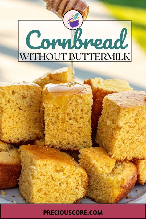 This Cornbread Without Buttermilk recipe is easy and only requires one bowl. It is moist, buttery, crispy around the edges, and just a delight to enjoy by itself or with some honey drizzled on top. Cornbread Recipe No Buttermilk, Cornbread No Buttermilk, Cornbread Recipe Without Buttermilk, Cornbread Without Buttermilk, Moist Cornbread Recipe, Buttermilk Recipe, Easy Cornbread Recipe, How To Make Cornbread, Moist Cornbread