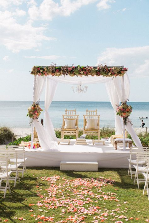 indian-cultural-pink-red-vibrant-wedding-florida-beach-ceremony-inspiration03 South Indian Beach Wedding, Beach Side Wedding, Engagement Indian, Indian Beach Wedding, Outdoor Wedding Backdrops, Wedding Arbors, Simple Wedding Decorations, Wedding Backdrop Decorations, Wedding Mandap