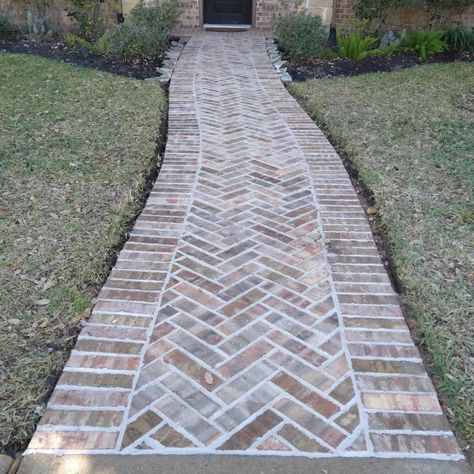 Brick Walkway Landscaping, Red Brick Sidewalk, Brick Apron Driveway, Recycled Brick Pathway, Brick Lined Patio, Recycled Brick Driveway, Pathway From Driveway To Front Door, Herringbone Brick Path, Brick Sidewalk Ideas