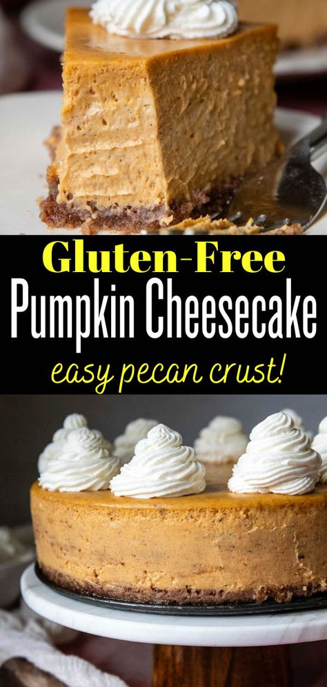 Learn how to make the best gluten-free pumpkin cheesecake with an exceptionally airy, creamy texture and no speciality ingredients required. What's the trick for velvety smooth texture, rather than dense and heavy? This well-tested pumpkin cheesecake filling uses heavy cream and an easy baking technique for guaranteed results. When paired with an easy, 5-minute pecan crust you have a GF pumpkin dessert any home baker can pull off! Gf Pumpkin Cheesecake, Mama Gourmand, Crustless Pumpkin Cheesecake, Gluten Free Cheesecake Crust, Gluten Free Cheesecake Recipe, Gf Cheesecake, Paleo Pumpkin Cheesecake, Mamagourmand Recipes, Pumpkin Cheesecake Filling