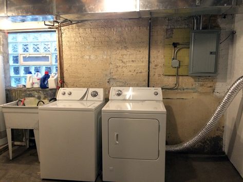 Basement Laundry Room Before and After – Project Palermo Unfinished Laundry Room, Basement Laundry Area, Unfinished Basement Laundry, Basement Laundry Room Makeover, Laundry Makeover, Old Basement, Small Laundry Room Organization, Basement Laundry Room, Laundry Room Flooring