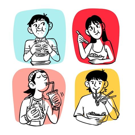 Character Eating Illustration, Eating Character Design, Cute Human Illustration, Retro People Illustration, Simple Human Illustration, Person Eating Drawing Reference, People Thinking Illustration, Eating Together Illustration, People Eating Drawing