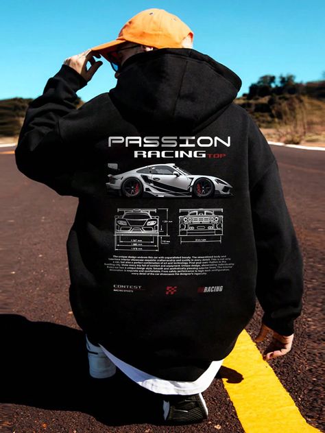 Men's Trendy Car Print Hooded Sweatshirt, Gift For Car Lovers, Auto-Themed Hoodie Black Casual  Long Sleeve Fabric Car,Colorblock,Graphic,Letter,Slogan  Medium Stretch  Men Clothing, size features are:Bust: ,Length: ,Sleeve Length: Graphic Hoodies Men, Car Hoodies, Car Sweatshirt, Car Hoodie, Loose Hoodie, Hoodie Men, Mens Clothes, Lifestyle Clothing, Knit Hoodie