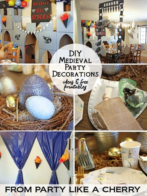 DIY Medieval Party Decorations - Party Like a Cherry Knight Bday Party, Medieval Times Birthday Party, Dungeon Party Decorations, Royal Party Food Ideas, Medieval Halloween Party, Medieval Kids Crafts, Medieval Castle Decor, Medieval Birthday Party Ideas, Medieval Party Favors