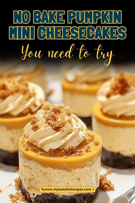 Fall in love with these no bake pumpkin mini cheesecakes! Each mini dessert is a creamy blend of pumpkin and spices on a buttery crust, making them a festive addition to your dessert table. Pumpkin Cheesecake Cups No Bake, Mini Pumpkin Pie Desserts, Pumpkin Cheesecake Tarts Mini, Mini Pumpkin Swirl Cheesecake, Mini Pumpkin Cheesecake No Bake, Mini No Bake Pumpkin Cheesecake, Pumpkin Mini Cheesecakes, Dessert Finger Food Sweet Treats, No Bake Pumpkin Cheesecake Bites