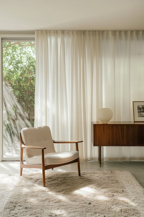 Curtains Living Room Mid Century Modern, Mid Century Modern Curtains Living Rooms, White Mid Century Modern Living Room, Mid Century Curtains Living Room, Curtain Inspo Living Room, Mid Century Modern Living Room Minimalist, Mid Century Minimalist Living Room, Curtains Mid Century, Mid Century Curtains