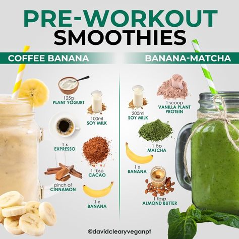 Nutrition Smoothies, Pre Workout Shake, Vegan Pre Workout, Workout Smoothie Recipes, Pre Workout Smoothie, Fruit Detox, Pre Workout Protein, Pre Workout Food, The Matcha