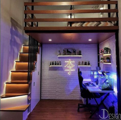 Bunk Bed And Wardrobe, Loft Bed Minimalist, Loft Decorating Ideas Upstairs Modern, Loft Bed Work Space, Loft Bed Ideas For Studio Apartments, Room With Upstairs Bed, Upstairs Room Ideas Bedrooms, Bedroom With Stairs To Bed, Room Ideas Loft Bed Small Bedrooms