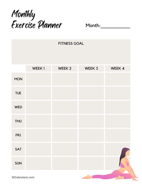 Monthly Workout Planner Template - Printable Gym and Exercise Schedule | Gym Printable Planner digitalplannersticker #allinoneplanner🎡 Workout Plans Template, Work Out Schedule Template, Workout Checklist Printable, How To Create A Workout Plan, Exercise Timetable, Month Schedule Planner, Workout Timetable, Gym Timetable, Monthly Workout Planner