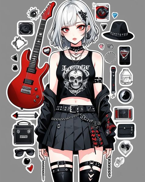 #aiart #aiartwork #aiillustration #manga #anime #illustration #aigirl #aiwoman #aipunk #punk #grunge #gothic Gothic Anime Outfits, Heavy Metal Clothes, Female Illustration Art, Sea Character, Punk Female Character Design, Punk Anime, Manga Rock, Anime Horror, Punk Shorts