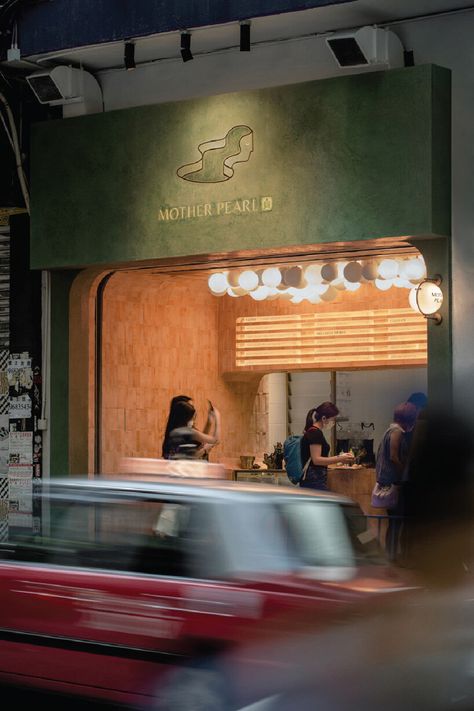 Tea Moodboard, Concrete Effect Paint, Bubble Tea Shop, Green Facade, Pastel Color Schemes, Cafe Shop, Store Front, Hangzhou, Mother Pearl