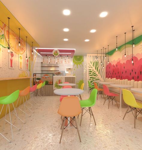 Colorful Cafe Interior Design, Colorful Restaurant Design, Heladerias Ideas Decoracion, Neon House, Colorful Cafe, Juice Bar Design, Small Restaurant Design, Smoothie Shop, Cafe Concept