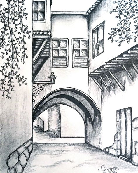 [𝑺𝒂𝒗𝒆 & 𝑭𝒐𝒍𝒍𝒐𝒘]~♡´･ᴗ･`♡ Boho Pencil Drawings, Building Landscape Drawing, Colorable Drawings, Drawing Buildings Sketch Easy, Building Sketch Simple Architectural Drawings, Easy Building Drawings, Easy Architecture Drawing, Pencil Art Drawings Landscape, Pencil Sketches Architecture