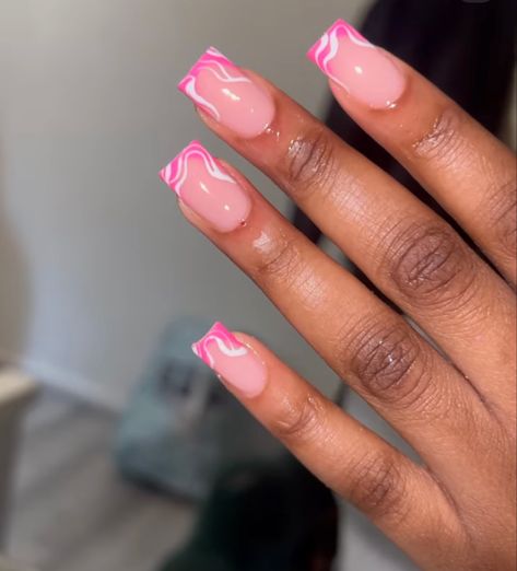 Pink Nails Dark Skin, Short French Tip Designs, Abstract Short Nails, Abstract French Tip Nails, Hot Pink French Tips, Multicoloured Nails, Pink Tip Nails, Holiday Acrylic Nails, Gel Acrylic Nails